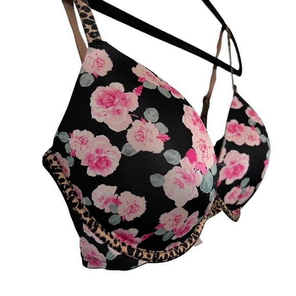 VICTORIA'S SECRET PUSH UP Black Pink Floral Leopard Print Underwire Bra 34DD - Picture 10 of 16